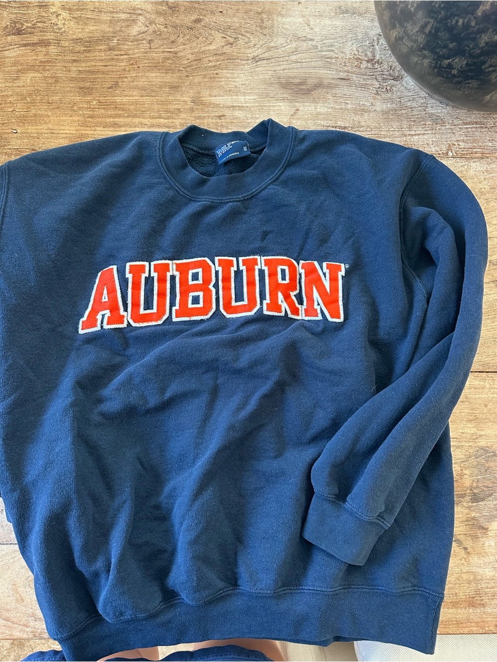 MV Sport Navy Crewneck Sweatshirt with Orange Auburn Appliqué